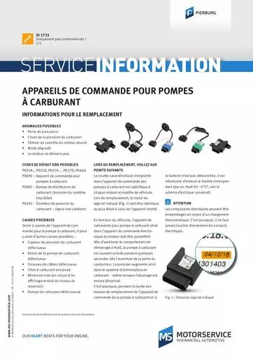 Appareils de commande pour pompes à carburant Informations pour le remplacement 828743
