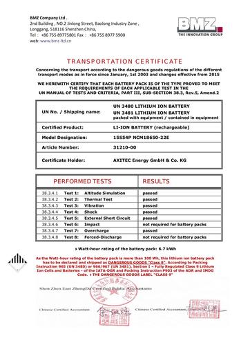 AXIstorage CERTIFICATE AXITEC 31210 00 15S54P NCM18650 22E
