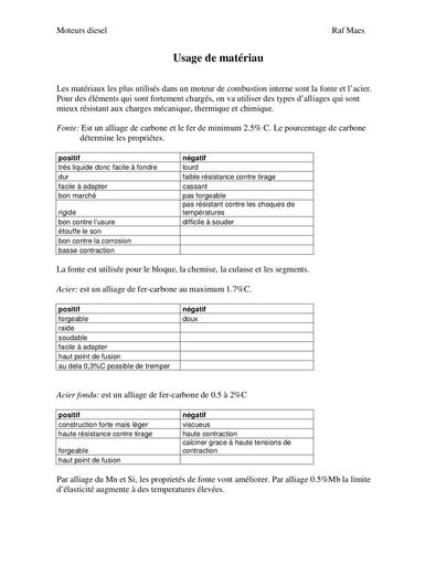 Moteur diesel Materiaux