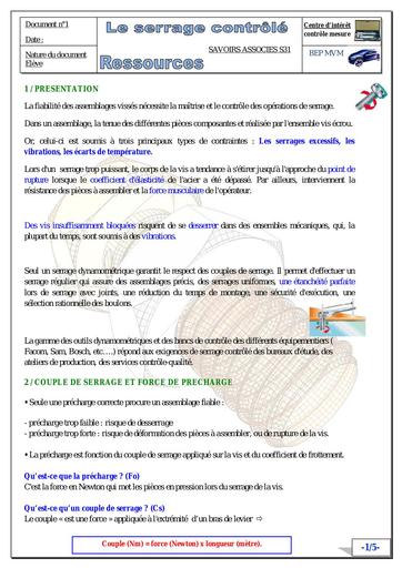 Cours auto serrage