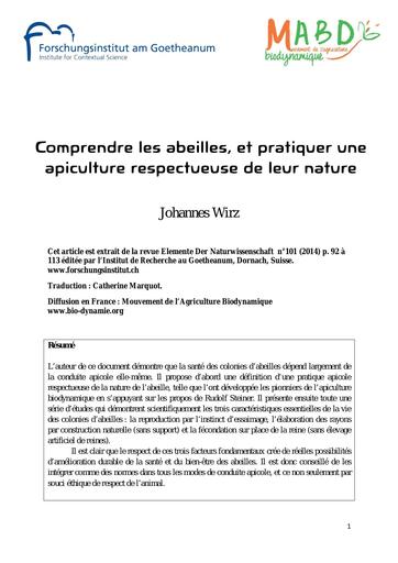 Comprendre les abeilles et pratiquer une apiculture respectueuse de leur nature Johannes WIRZ