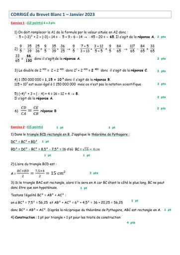 Brevet blanc math college leclerc saint gaudens janvier 2023 corrige