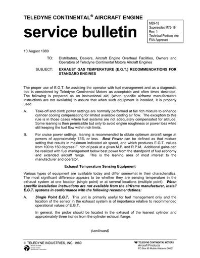 Continental Service Bulletin Leaning Procedures TCM LEANING M89 18