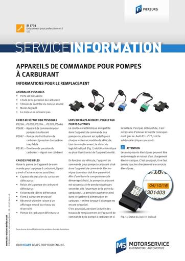 Appareils de commande pour pompes à carburant Informations pour le remplacement 828743