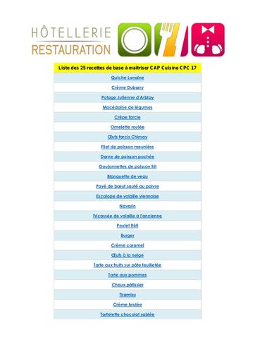 Liste des 25 recettes de base a maitriser CAP