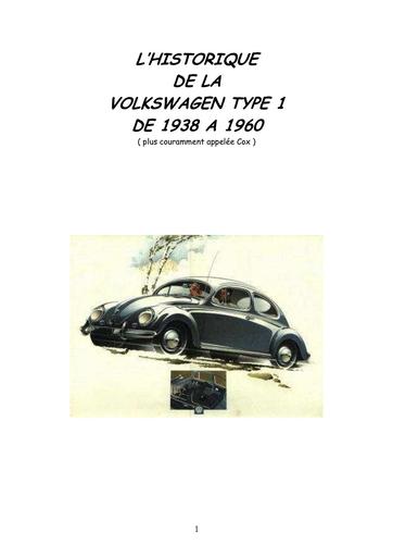 Historique de la vw cox type 1 de 1938 à 1960