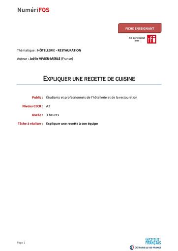 Hotellerie Restauration expliquer une recette de cuisine Enseignant A2
