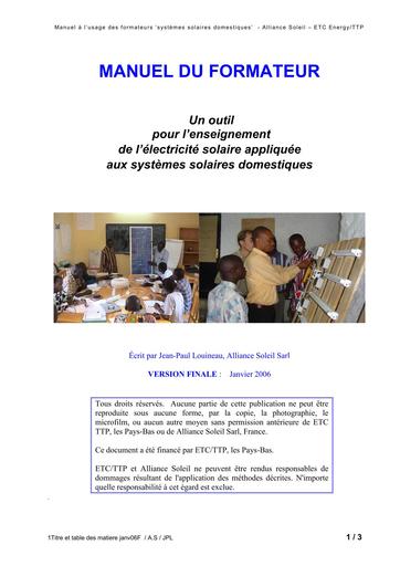 Alliance soleil manuel a l usage des formateurs systemes solaires domestiques 2006
