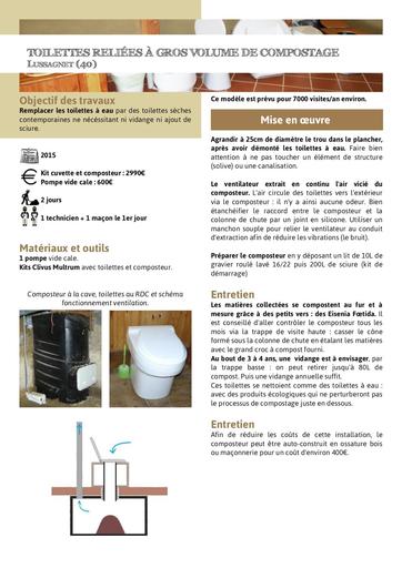 Toilettes sèches reliées à gros volume de compostage gravitaire