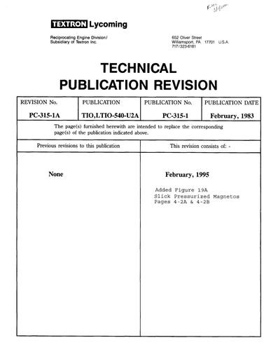 Lycoming 540U2A PartsCatalogue pc 315 1 v1995
