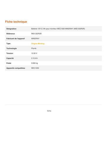 Batterie origine M05 302R3R   mindray MEC 1200