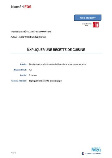 Hotellerie Restauration expliquer une recette de cuisine Etudiant A2
