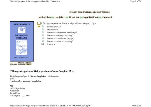 L'élevage des poissons, Guide pratique (Centre Songhai, 12 p )