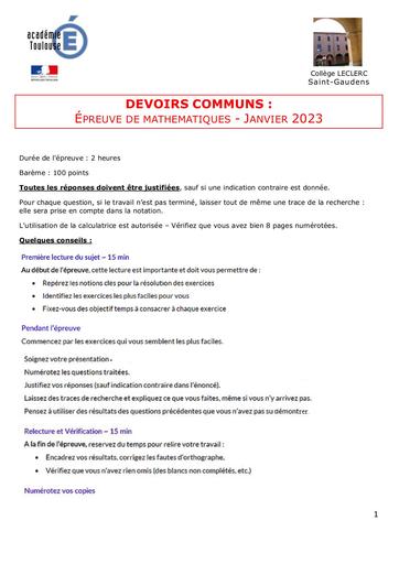 Brevet blanc math college leclerc saint gaudens janvier 2023